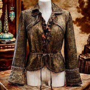 Double D Ranch Leather Jacket | Western Embroidered Distressed Leather | Size M